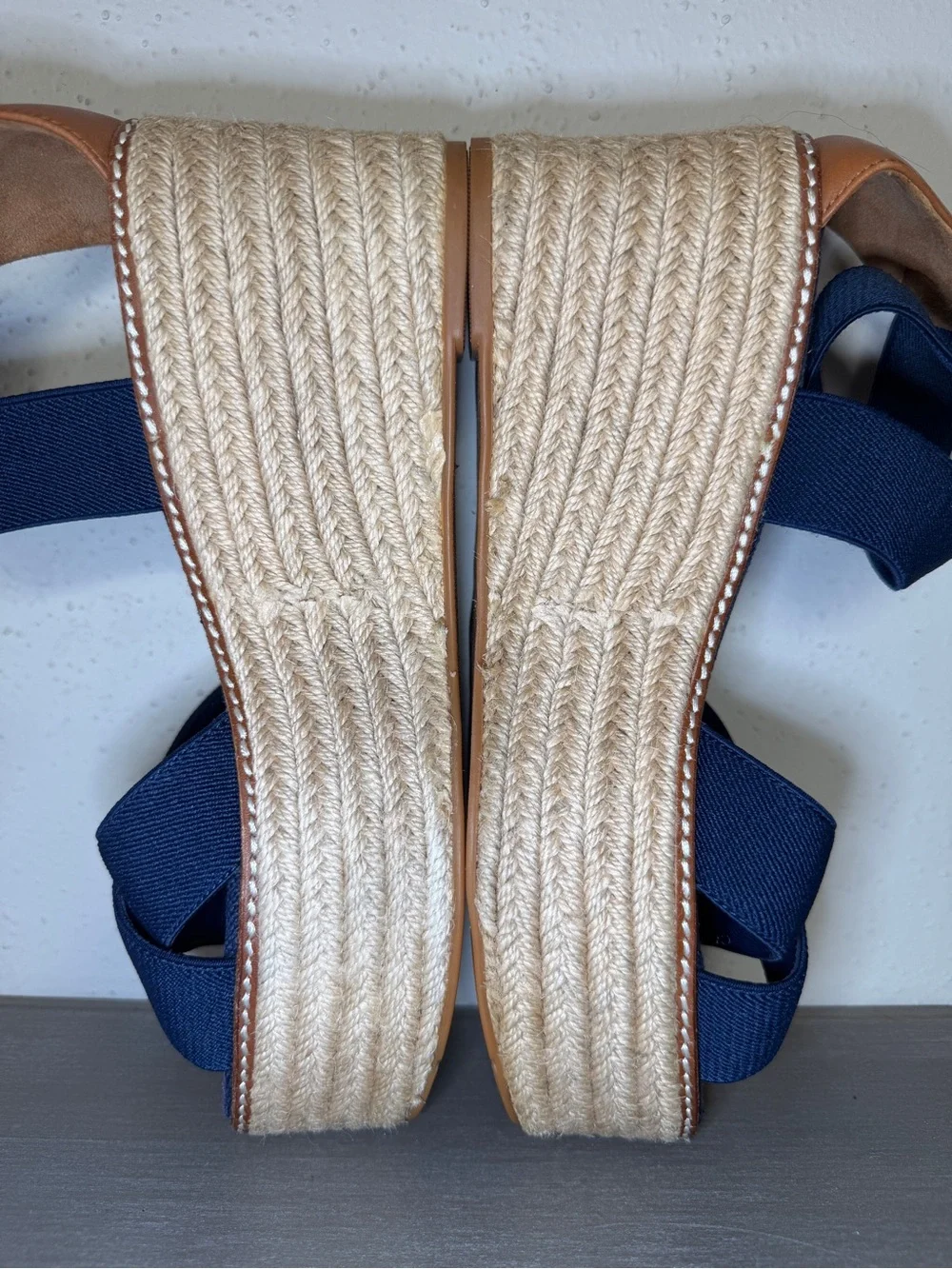 Tory Burch Freida Canvas Leather Blue Platform Espadrille Sandals Women's Sz 8 M